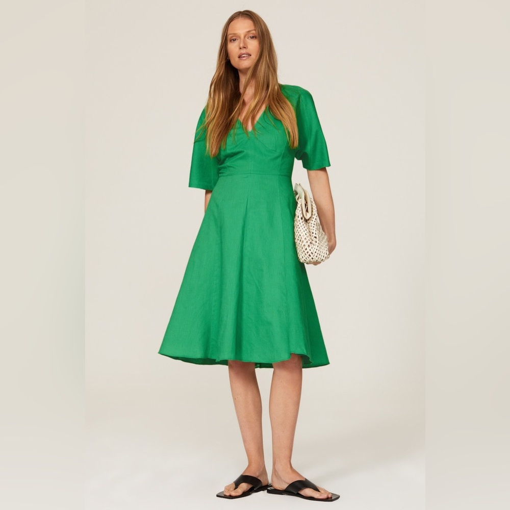 TOME Green Linen Cotton‎ Blend Dress V-Neck A-Line Knee Length size 4